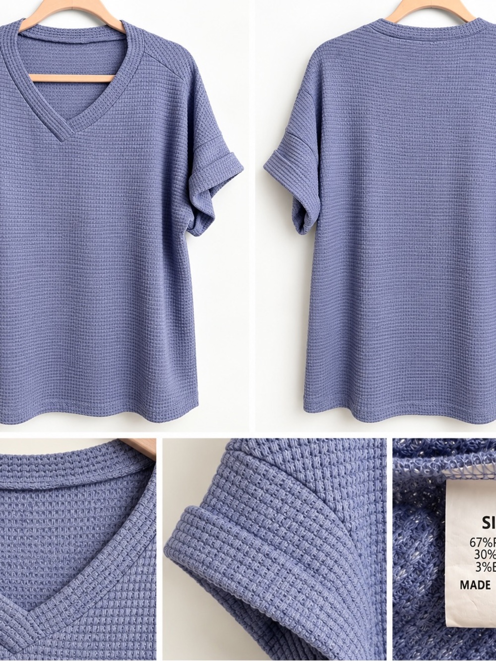 Women's Blue Lavender Waffle Knit V-Neck Top Size Small